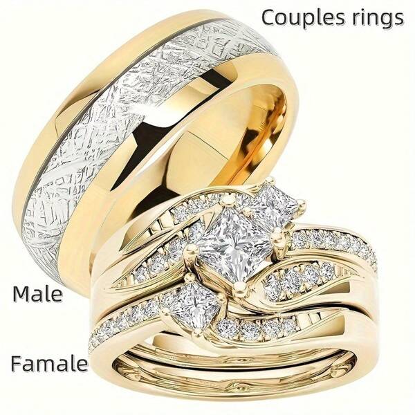 1pc Men's Stainless Steel Ring, 3pcs Set Women's Synthetic Zirconia Wedding & Engagement Rings, Valentine's Day Gift