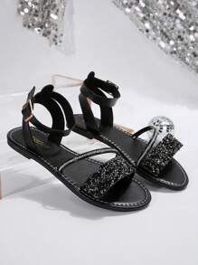New Plus Size Women Square Buckle Crystal Leather Flat Sandals, Comfortable Casual Simple Open Toe Beach Slippers, Summer Fashionable Outdoor Wear Valentines - 黑色 - 查看 2