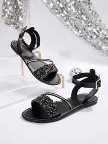 New Plus Size Women Square Buckle Crystal Leather Flat Sandals, Comfortable Casual Simple Open Toe Beach Slippers, Summer Fashionable Outdoor Wear Valentines - 黑色 - 查看 3