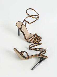 Women's Fashion High Heel Shoes: Suede Leopard Print Flat Strap Sandals, Nude Wrap Strap Sandals, Simple Square Toe Sandals, Black Lacquer Heel Sandals, Slim Heel High Heel Sandals, Summer Outdoor Regular Sandals, Ladies Apricot Sandals,Stiletto Heels - Apricot - View 7