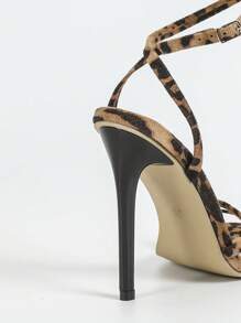 Women's Fashion High Heel Shoes: Suede Leopard Print Flat Strap Sandals, Nude Wrap Strap Sandals, Simple Square Toe Sandals, Black Lacquer Heel Sandals, Slim Heel High Heel Sandals, Summer Outdoor Regular Sandals, Ladies Apricot Sandals,Stiletto Heels - Apricot - View 9