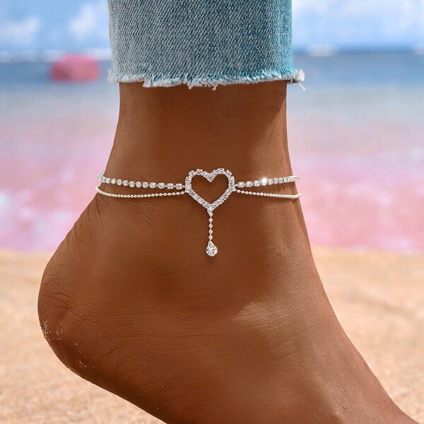 1pc Rhinestone Ankle Bracelets Double Layer Heart Anklet Bracelets Boho Tennis Foot Chain Wedding Jewelry Accessories For Women