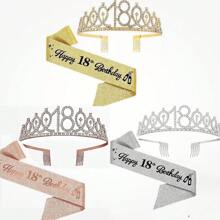 2pcs/Set 18th Birthday Sash Ribbon Birthday Queen Crown Tiara Rhinestone Birthday Headbands Birthday Sash With Pin Happy Birthday Crown And Sash Ribbon For Birthday Party - Multicolor - View 2