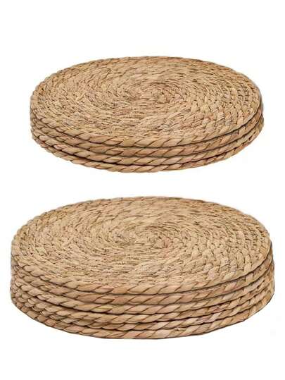 4/6pcs Woven Placemat Set, Round Rattan Placemats, Natural Handwoven Water Hyacinth Placemats, Farmhouse Style Wicker Table Mats, For Dining Table, Home Decor, Wedding