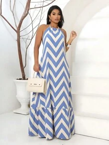 Long Summer Dress Zig Zag Striped Halter Neck. - Xanh và trắng - Xem 2