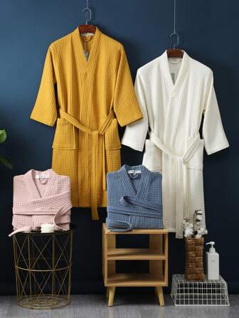 1 件华夫格纹理浴袍，男女通用成人和服长袍，春夏酒店 SPA 长袍，吸水速干，宽松版型，多色，浴室和家居必需品家居浴室装饰返校