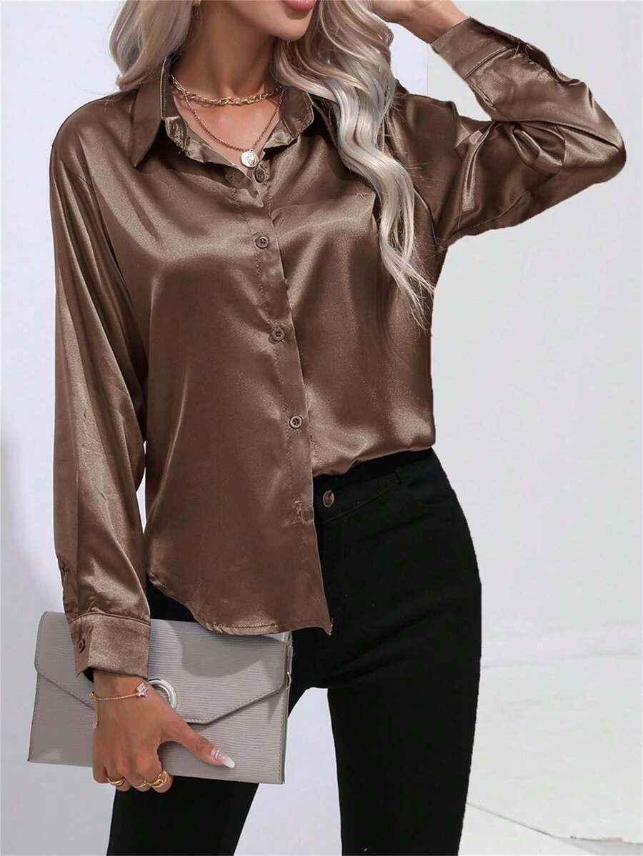 女式休闲翻领纽扣仿丝缎纯色长袖衬衫 - 深卡其 - 查看 1