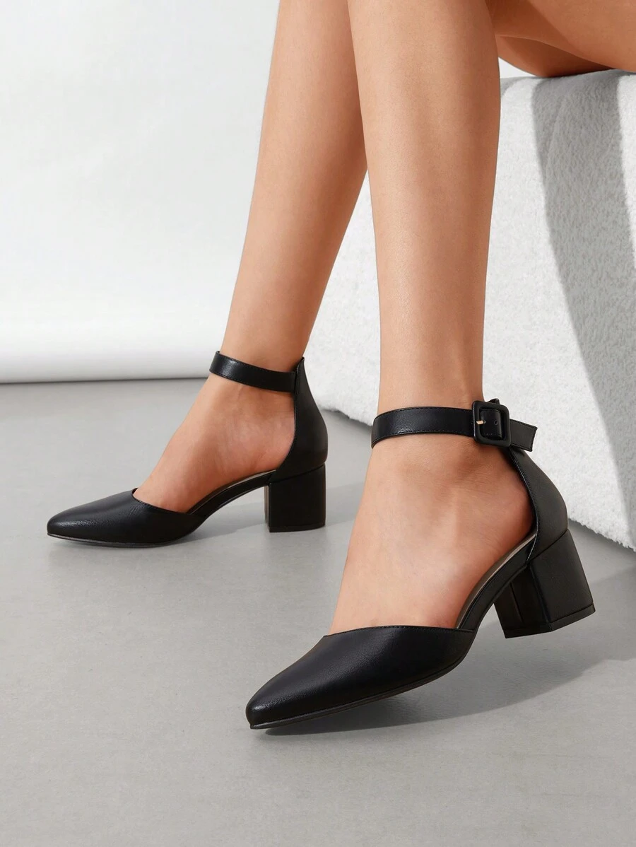 Women Low Chunky Heels Classic Pumps Pointed Toe Ankle Strap Elegant Versatile Simple Weddings Work Shoes - BLACK-PU - View 1