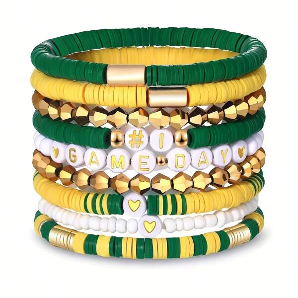 9pcs Set Women's Stackable Elastic Sports Bracelets, Sporty Soft Ceramic Beaded Football Fan Jewelry, Suitable For Daily And Sports Use