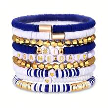 9pcs Set Women's Stackable Elastic Sports Bracelets, Sporty Soft Ceramic Beaded Football Fan Jewelry, Suitable For Daily And Sports Use