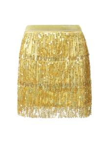 Women Sequined Fringe Skirt, Glitters Elastic Waist Miniskirt, Mini Skirt For Dance, Rave Party, Black/Silver/Gold/Red