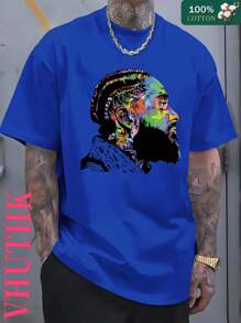 (220 Pure Cotton T-Shirt)    Men's Summer Round Neck Short Sleeved Casual Pure Cotton Print    Artistic Graffiti Portrait - 寶藍色 - 查看 1