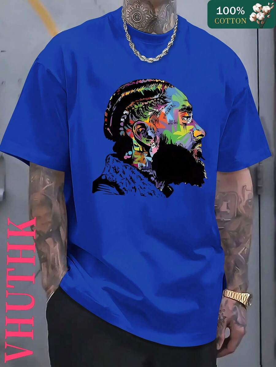 (220 Pure Cotton T-Shirt)    Men's Summer Round Neck Short Sleeved Casual Pure Cotton Print    Artistic Graffiti Portrait - 寶藍色 - 查看 1