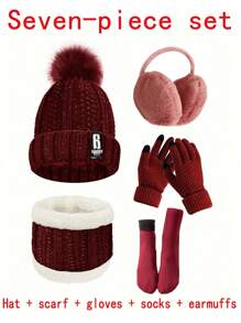 Conjunto de cinco o siete piezas de gorro, bufanda, orejeras, guantes y calcetines para mujer para otoño e invierno. Gorro de punto grueso y aterciopelado, resistente al viento y al frío, bufanda de punto, guantes de punto, orejeras cálidas, calcetines cálidos. Regalos de invierno para mujeres