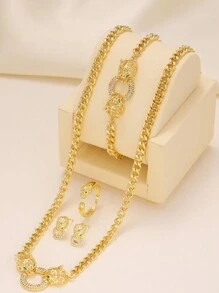 4pcs/Set Fashion Leopard Head Necklace, Earrings, Ring, Bracelet Jewelry Set, Suitable For Women, Party & Holiday Wear