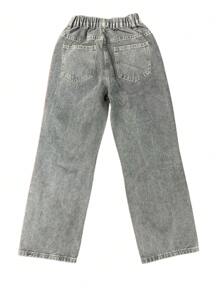 Jeans casuales rectos con efecto desgastado y estampado de mariposa para niña preadolescente