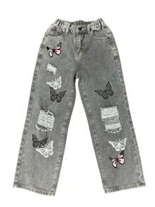 Jeans casuales rectos con efecto desgastado y estampado de mariposa para niña preadolescente