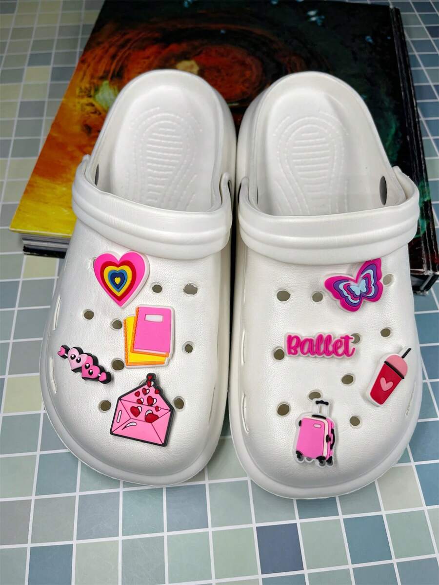 2025 Summer New Casual Fashion Lightweight Plus Size Women's Hollow Out Butterfly & Heart Pattern Design Breathable Waterproof Sandals With Detachable Flower Decor, DIY Combination Beach Slippers - White - View 1