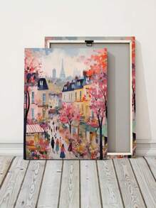 1 pieza Impresión artística de tinta con paisaje urbano abstracto de París, estilo art decó sin marco, tema de París en primavera, orientación vertical, decoración de pared moderna con calle y flores de París