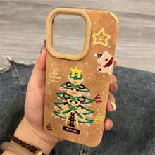 苹果极简主义圣诞树和棕熊设计，优质羊皮纹理，时尚高端羊皮手机壳适合优雅女士，兼容 iPhone 16/15/15Pro/15ProMax/14/13/12/11/XsMAX 系列，手机保护套，复活节、圣诞节、万圣节装饰礼物，适合女朋友、男朋友、朋友或自己 - 咖啡色 簡筆聖誕樹棕熊 - 查看 2