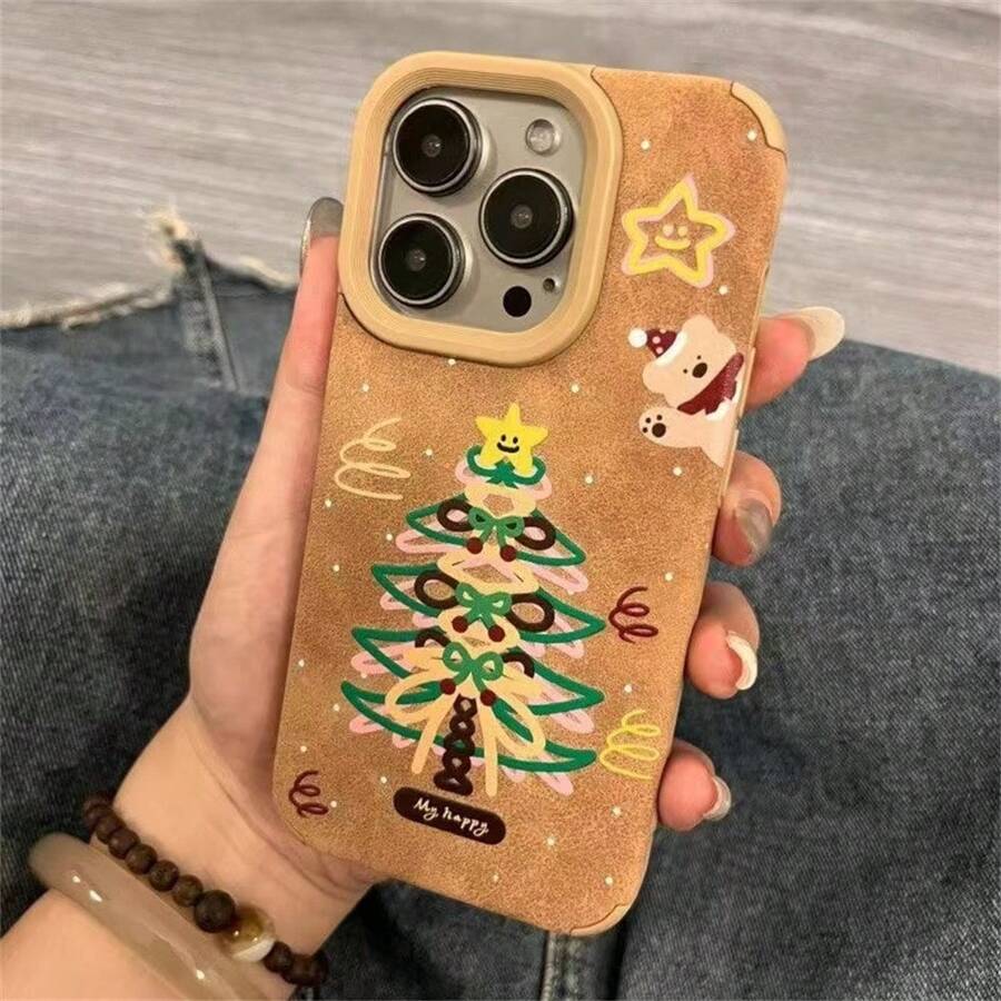 苹果极简主义圣诞树和棕熊设计，优质羊皮纹理，时尚高端羊皮手机壳适合优雅女士，兼容 iPhone 16/15/15Pro/15ProMax/14/13/12/11/XsMAX 系列，手机保护套，复活节、圣诞节、万圣节装饰礼物，适合女朋友、男朋友、朋友或自己 - 咖啡色 簡筆聖誕樹棕熊 - 查看 1