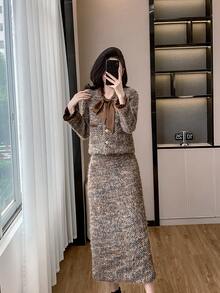 RUIWY 2 件套女士毛绒面料蝴蝶结抽绳领二合一时尚保暖夹克和长裙，春秋冬 - 咖啡棕 - 查看 5