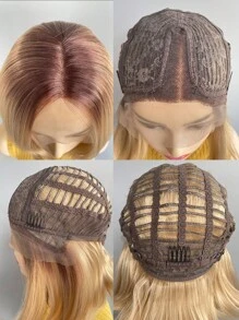 Best Selling Women's Synthetic Fiber Wig, Center Parted Bob Gradient Blonde Short Straight Hair, Fashionable Blonde High Temperature Silk Front Lace Wig