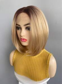 Best Selling Women's Synthetic Fiber Wig, Center Parted Bob Gradient Blonde Short Straight Hair, Fashionable Blonde High Temperature Silk Front Lace Wig