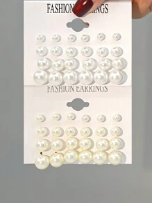 36pcs/Set European And American Style Personalized Faux Pearl Stud Earrings, Classic Simple Large & Small Size White/Beige Faux Pearl Earrings For Women - Style 1 - View 5
