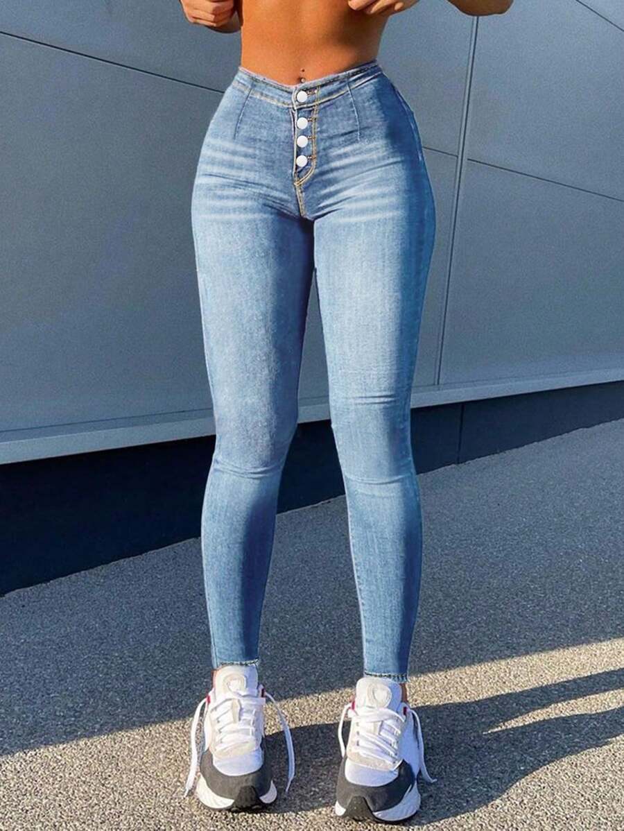Women's Single Breasted Elastic High Waisted And Hip Lifting Skinny Jeans - 中等水洗藍 - 查看 1