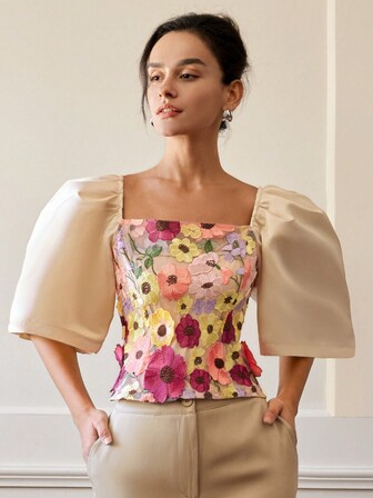 Elegant broderi för kvinnor, specialtyg för festblus, crop tops, sommaroutfits, business casual, semesteroutfits, puffärm