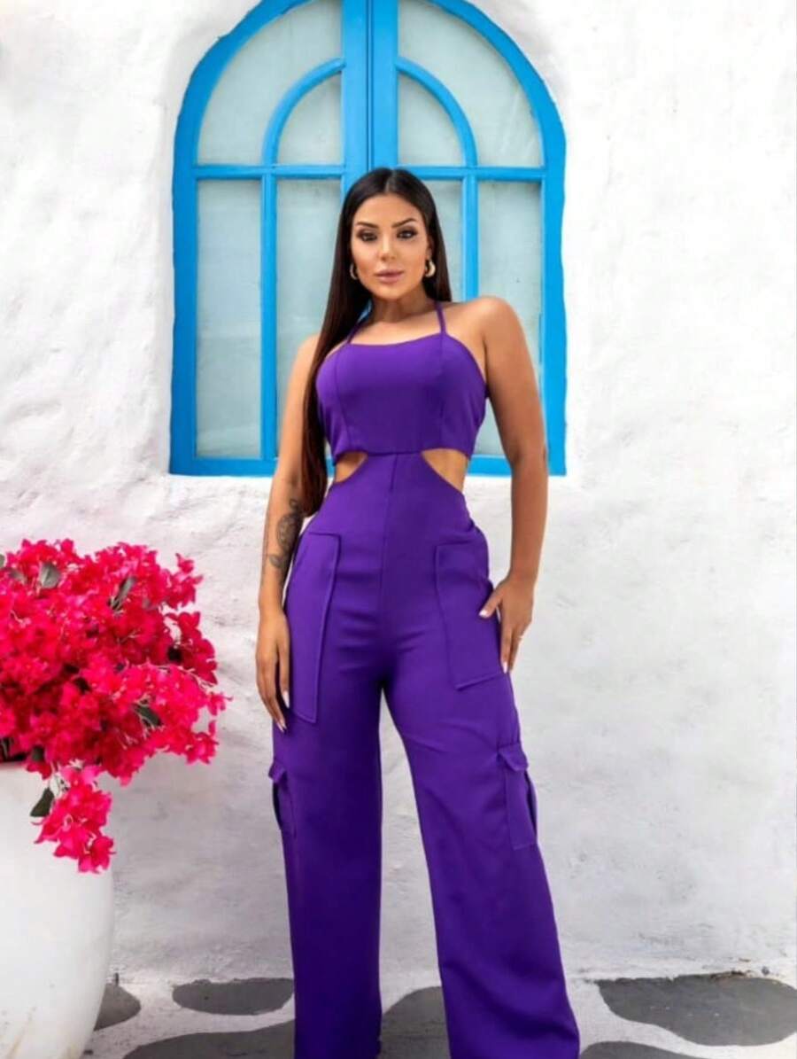 Premium Tailored Cargo Jumpsuit With Straps - Purple - View 1