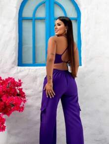 Premium Tailored Cargo Jumpsuit With Straps - Purple - View 3