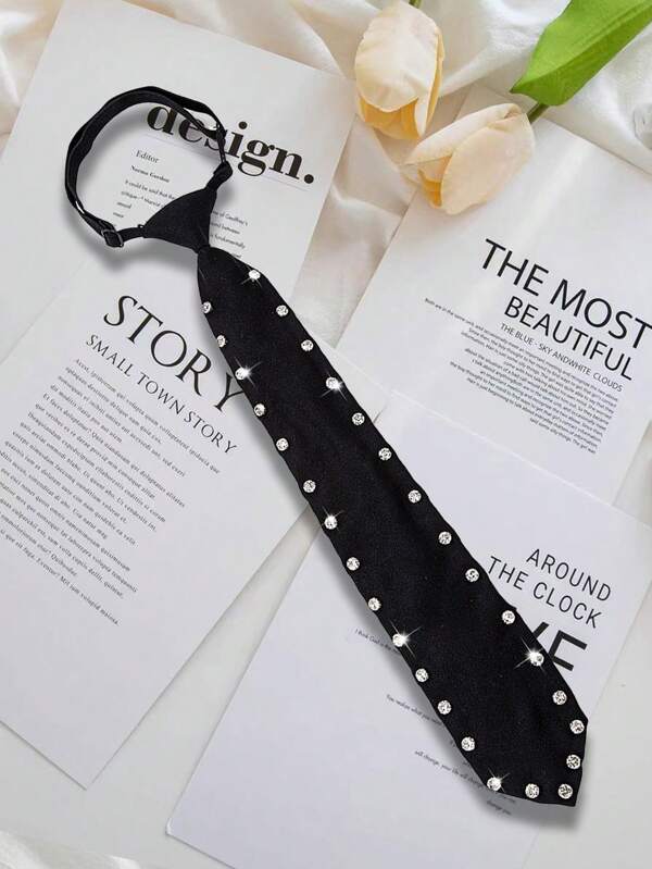 1pc Women's Black Rhinestone Tie, Luxury Aesthetic High-End Bow Tie, Collegiate Style Shirt Bow Tie, Versatile For Everyday Wear