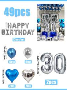 Set de 47 piezas de globos de papel de aluminio con diseño azul "Feliz Cumpleaños" que incluye globos con forma de corazón azules y plateados, adecuado para decorar fiestas de cumpleaños, reuniones familiares y fondos - Multicolor - Ver 14