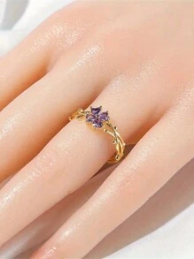 1 chiếc nhẫn hở có thể điều chỉnh hình cỏ bốn lá màu tím và nhẫn đồng Cubic Zirconia, phong cách ngọt ngào phù hợp với trang phục hàng ngày của phụ nữ, nhẫn thời trang tối giản kiểu Pháp phù hợp với phụ nữ, tông vàng, nhẫn đeo ngón tay thanh lịch dành cho học sinh - Vàng - Xem 3