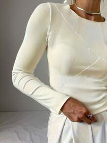 Autumn Vibes: Women's Ribbed Patchwork Slim Fit Long Sleeve Crew Neck T-Shirt – Your Essential Seasonal Staple!