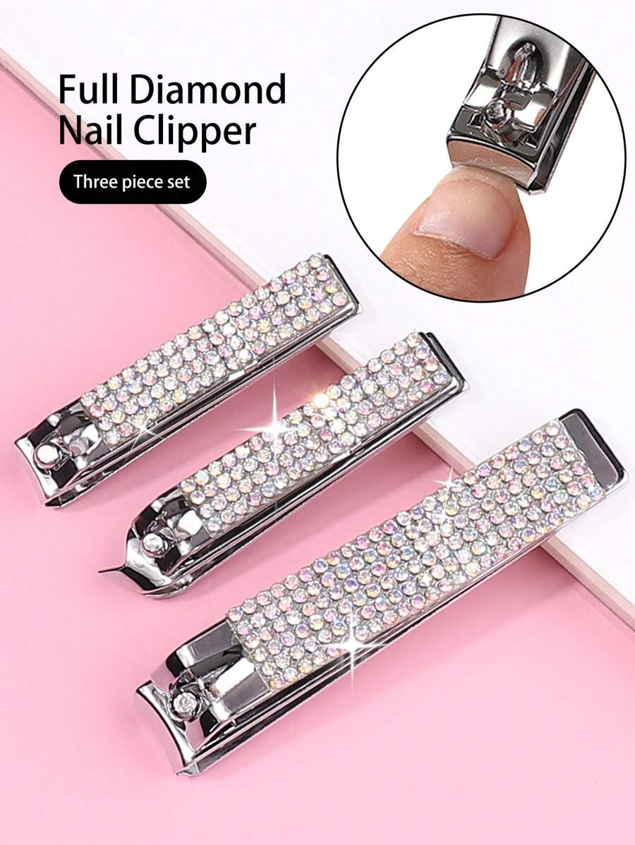 3-Piece Luxury Rhinestone Nail Clipper Set - Stainless Steel Material, Sharp Blades, Suitable For Fingernails And Toenails - Perfect Gift For Men And Women, Nail Care Supplies, Nail Tools, Nail Art Tools, Back To School Season, Nail Care, Nail Tools (Suitable For Press-On Nails) - Silver - View 1