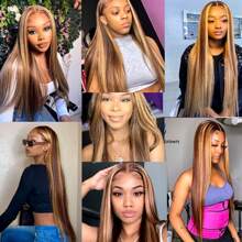 Peluca de cabello humano de 30 pulgadas con reflejos, color marrón ombré, rubio miel, liso, con encaje frontal, para mujer, peluca de cabello Remy - S4/27 - Ver 6