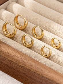 3 Pairs/Set Minimalist Basic Geometric Copper Metal Earrings, Suitable For Daily Wear, Dating, Gift - Yellow Gold - View 2