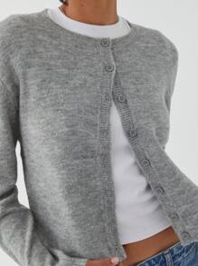Women's Solid Color Cardigan Long Sleeve Round Neck Button Down Sweater Knit Tops - Light Grey - View 2