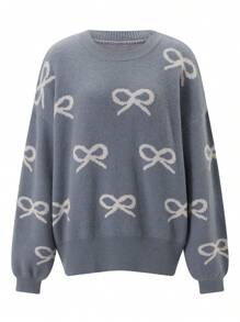 Women Cute Comfy Sweaters Casual Bow Print Warm Long Sleeve Pullover Basic Knitwear For Fall Streetwear