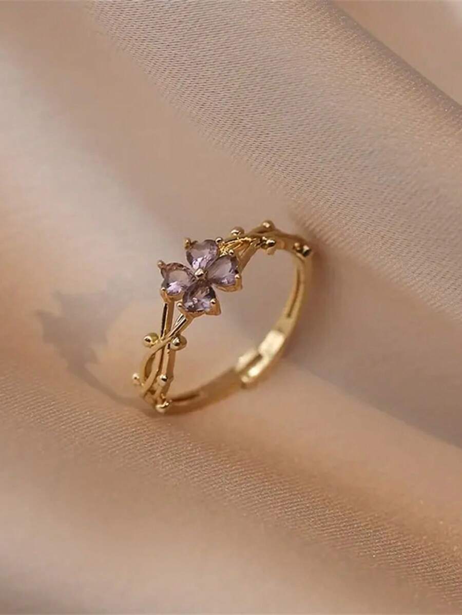 1 chiếc nhẫn hở có thể điều chỉnh hình cỏ bốn lá màu tím và nhẫn đồng Cubic Zirconia, phong cách ngọt ngào phù hợp với trang phục hàng ngày của phụ nữ, nhẫn thời trang tối giản kiểu Pháp phù hợp với phụ nữ, tông vàng, nhẫn đeo ngón tay thanh lịch dành cho học sinh - Vàng - Xem 1