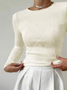 Autumn Vibes: Women's Ribbed Patchwork Slim Fit Long Sleeve Crew Neck T-Shirt – Your Essential Seasonal Staple!