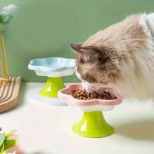 1pc Ceramic Raised Cat Bowl With Floral Design, Elevated Food Water Dish With Stand, Neck Support - Multicolor - View 9