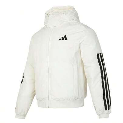 Adidas Men's White Hooded Down Jacket, Outdoor Sports Casual Down Jacket, PUFF DOWN JKT For Daily Commute, Comfortable Outerwear, Classic Casual Jacket, JG3852 - Suggest Ordering One Size Down