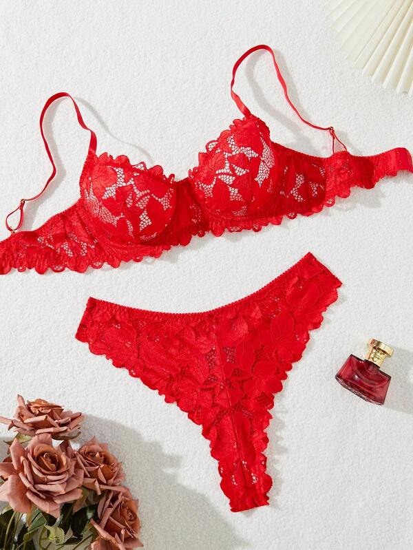 Red Lace Trim Sexy Lingerie Set For Women