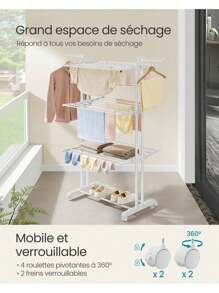 SONGMICS Étendoir à Linge, Séchoir Mobile à 4 Niveaux, avec roulettes, Pliable, 63,5 x 128 x 173 cm, Grande Capacité, Montage Facile, Utilisation Intérieure et Extérieure, Blanc Nuage - Blanc - Voir 3