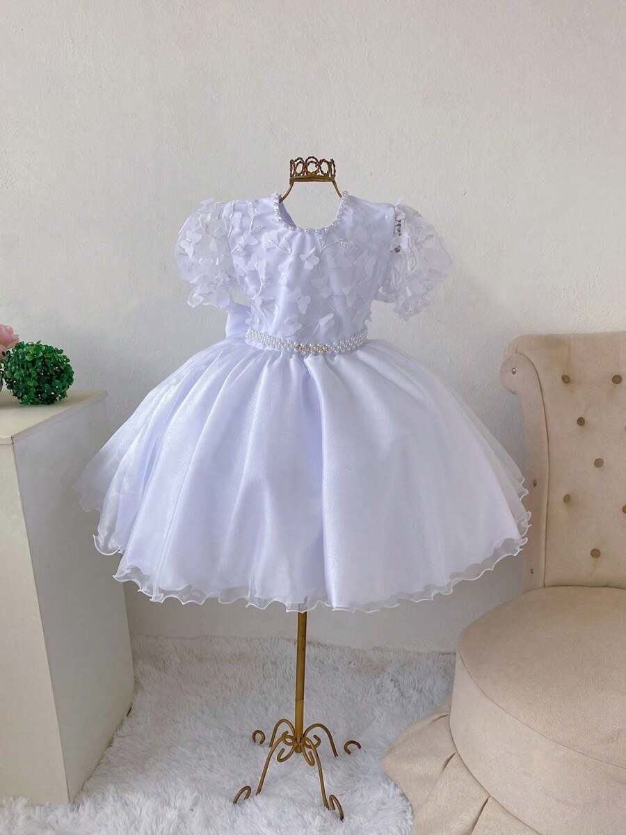 White Children's Dress With Butterflies Puff Sleeves Bridesmaid, Christening, Flower Girl - 查看 1