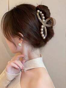 1件装女士优雅时尚仿珍珠水钻装饰发夹，适合日常佩戴、造型、派对和聚会，发爪夹、发夹、发卡、发夹、发夹、发卡、发夹、发卡、发饰，秋冬季女士度假装扮及夏季海滩造型必备发饰 - 彩色 - 查看 4